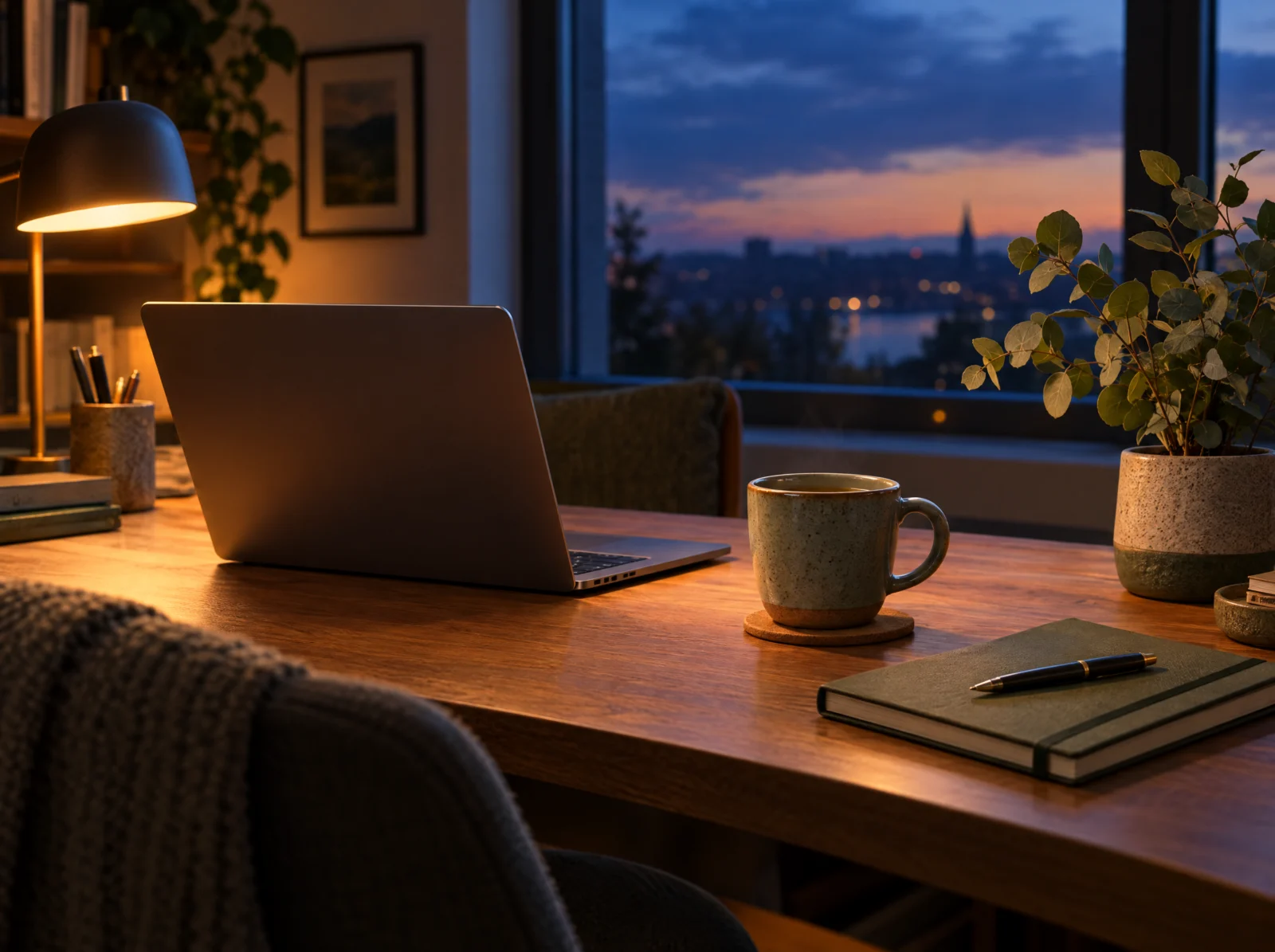Calm home office desk at dusk while our team handles a free website migration