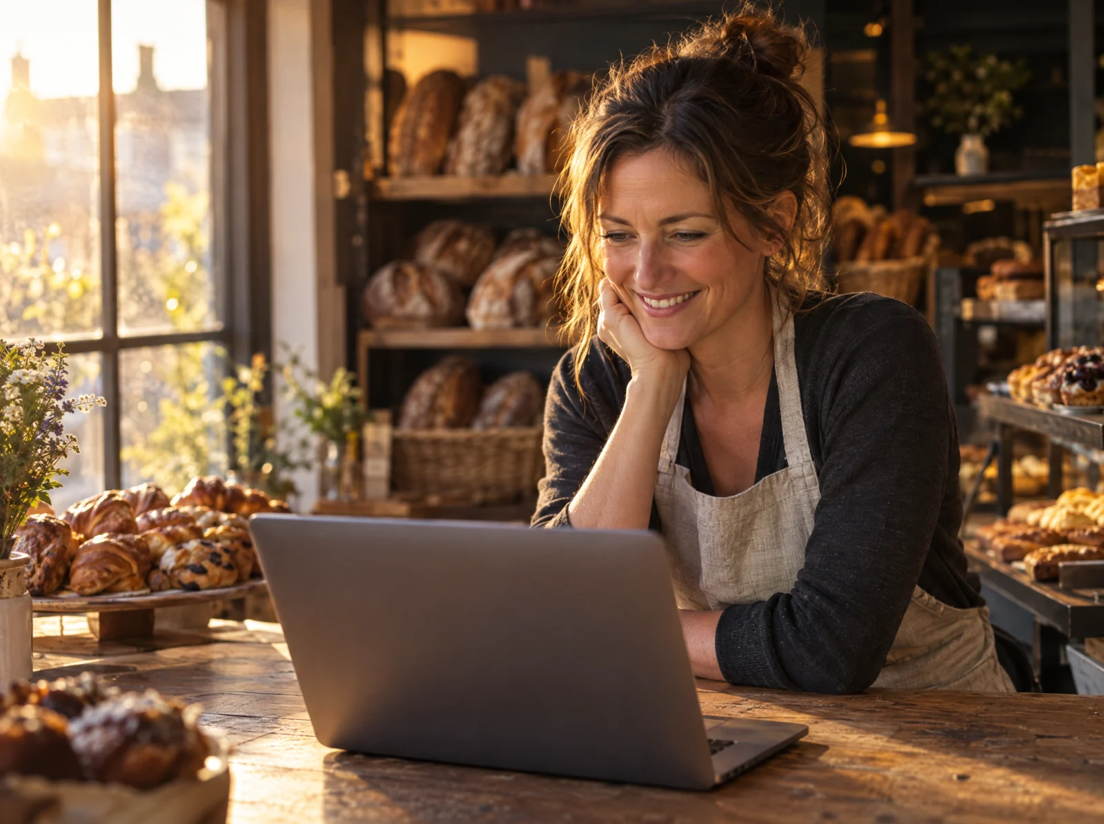 Bakery owner checking her new business website, built and run on UK WordPress hosting